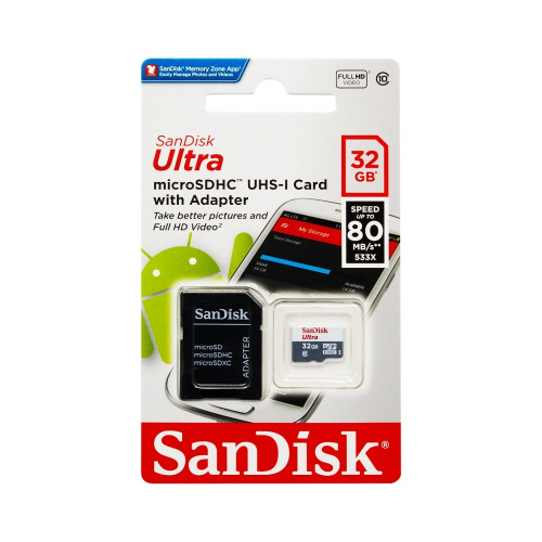 Карта памяти Sandisk Ultra microSDHC 32GB UHS-I + SD Adapter, 100MB/s Class 10