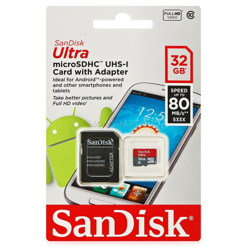 Флеш-накопитель Sandisk Ultra Android microSDHC + SD Adapter 32GB 80MB/s Class 10